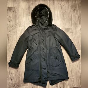 Burberry Brit Faux Fur Hooded Parka Coat Black Size 10